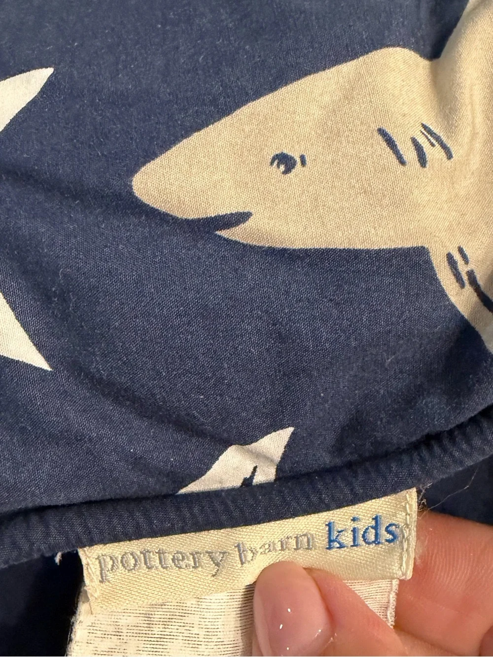 Pottery barn kids full sheet set and comforter in preppy shark print